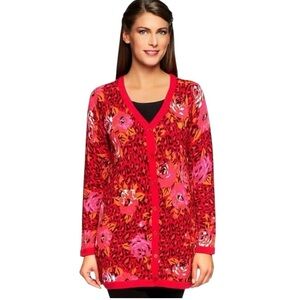 ISAAC MIZRAHI LIVE hot pink orange leopard long cardigan sweater women’s small